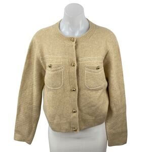 Cece Women's Tan Beige Knit Pocket Crewneck Button Down Cardigan Sweater Top XS